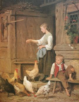 Jeune fille nourrissant les poules